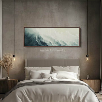 Abstract Ocean White & Bue Long Narrow Horizontal Wall Art Framed Canvas - Atelier Printworks