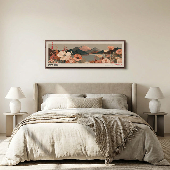 Wide Panoramic Wall Art – Muted Floral Mountain Lake, Japandi Boho Horizontal Landscape Print