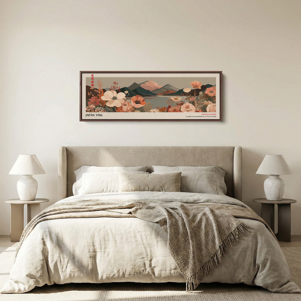Wide Panoramic Wall Art – Muted Floral Mountain Lake, Japandi Boho Horizontal Landscape Print
