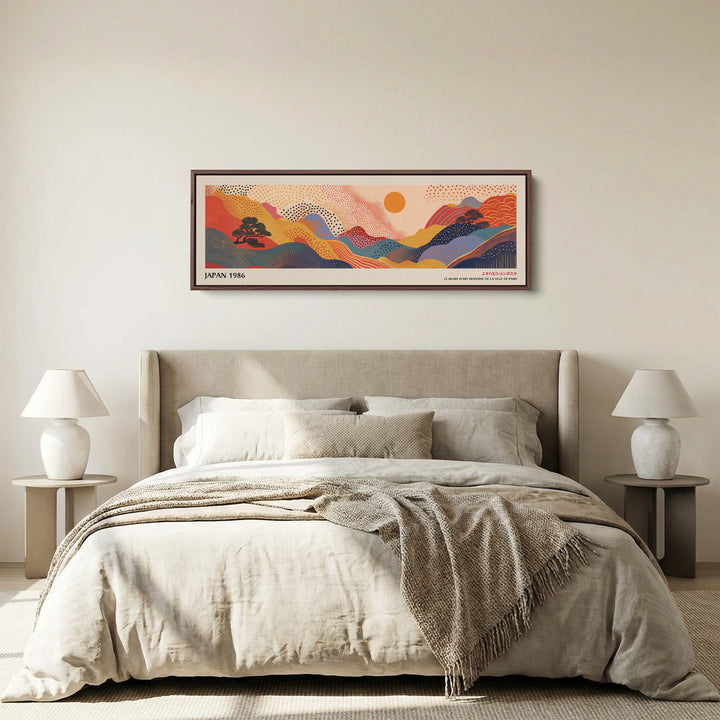 Extra Large Horizontal Wall Art – Abstract Sunrise Hills, Warm Japanese-Inspired Panoramic Print
