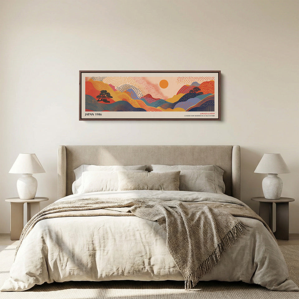Extra Large Horizontal Wall Art – Abstract Sunrise Hills, Warm Japanese-Inspired Panoramic Print