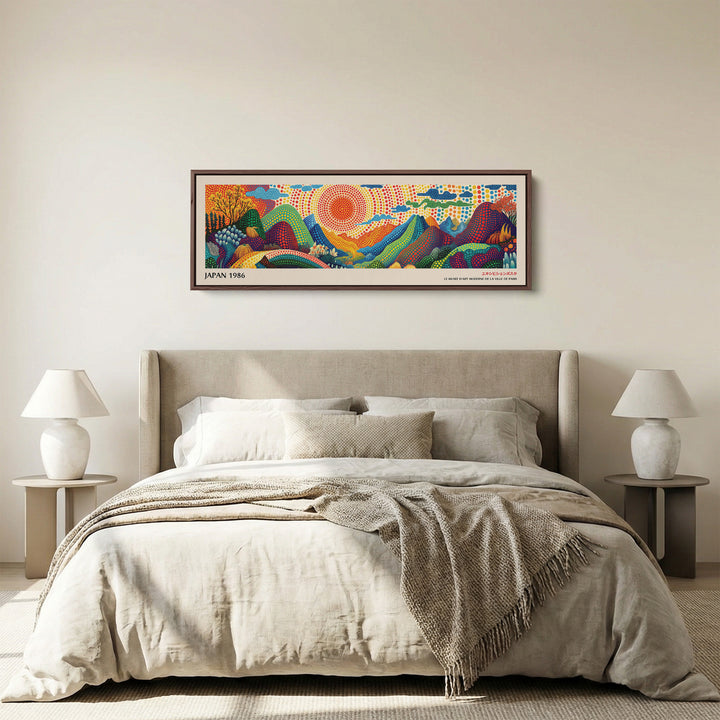 Oversized Horizontal Wall Art – Rainbow Dot Sunrise, Bold Japanese-Inspired Panoramic Landscape Print