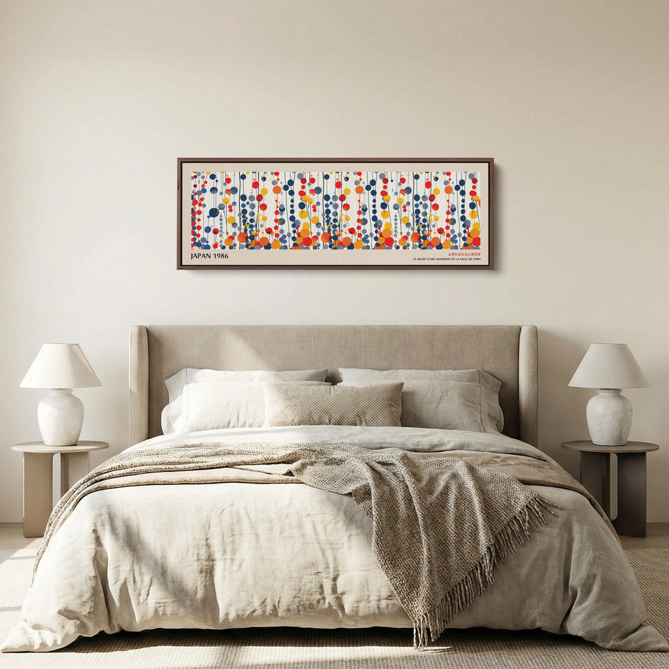 Above Bed Wall Art – Dotted Strands, Modern Japandi Long Horizontal Print in Primary Colours