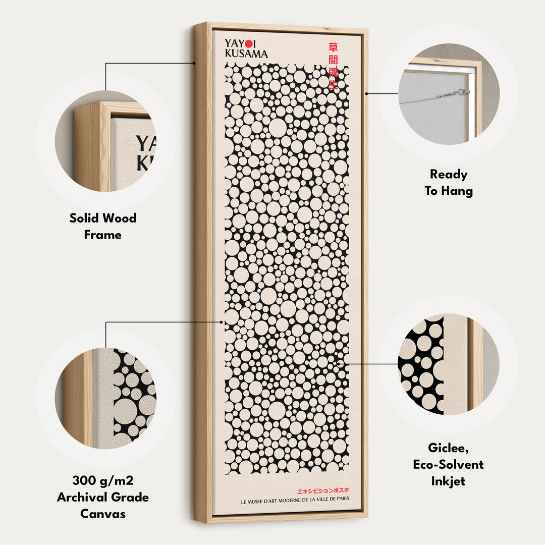 Yayoi Kusama Style Long Framed Canvas – Large Vertical Japanese Abstract Wall Art, Japandi Style, Japanese Poster Print