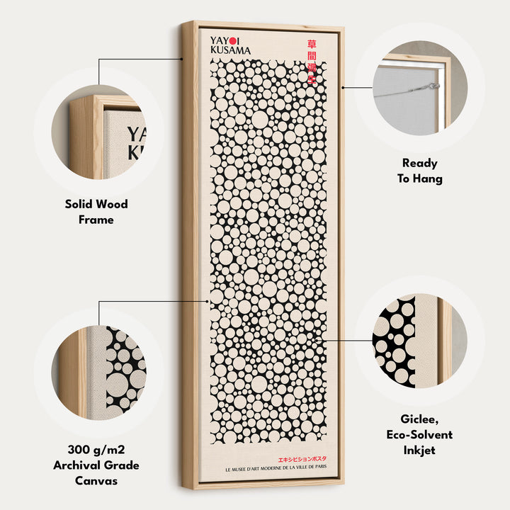 Yayoi Kusama Style Long Framed Canvas – Large Vertical Japanese Abstract Wall Art, Japandi Style, Japanese Poster Print