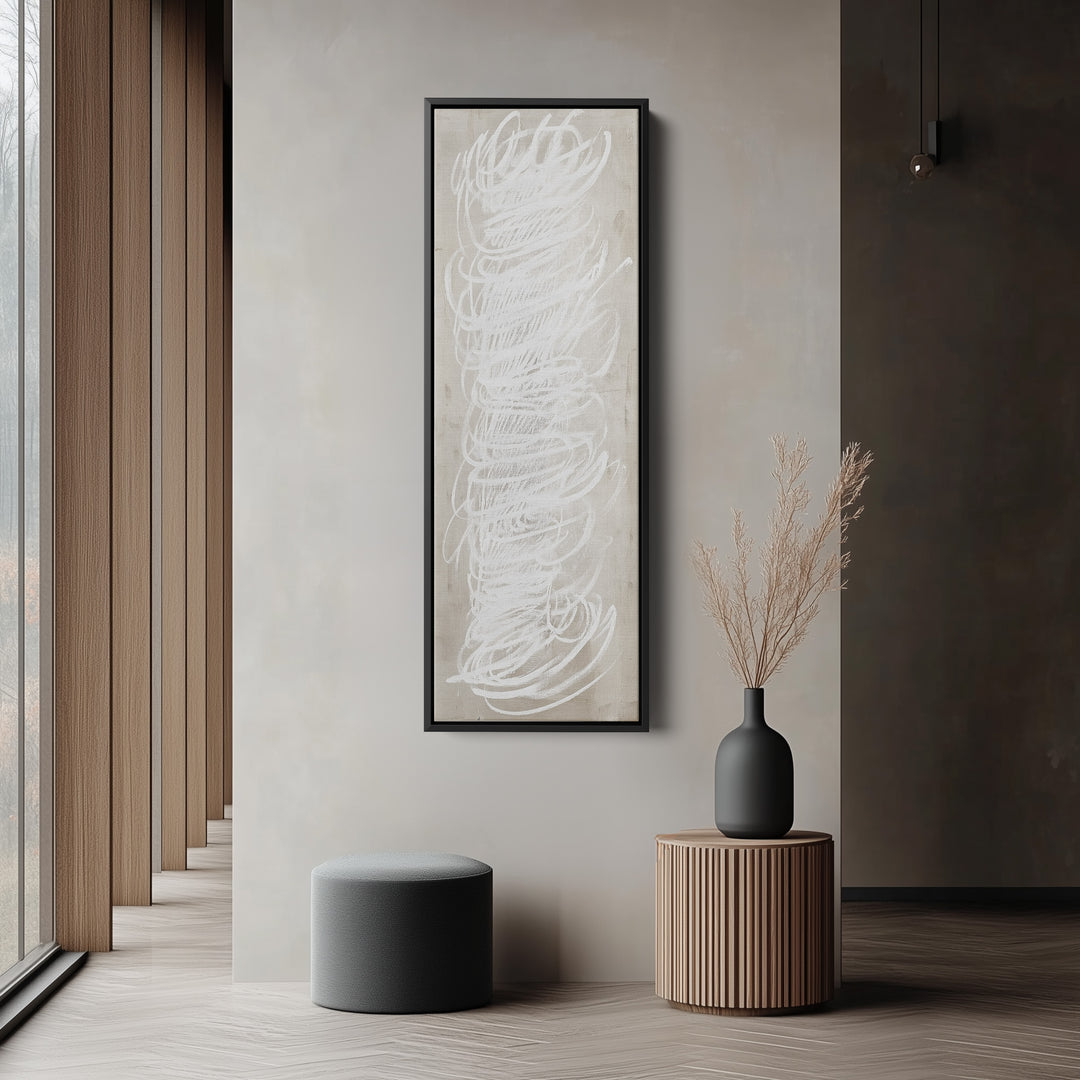 Abstract White Minimalist Long Vertical Framed Canvas Wall Decor - V0199