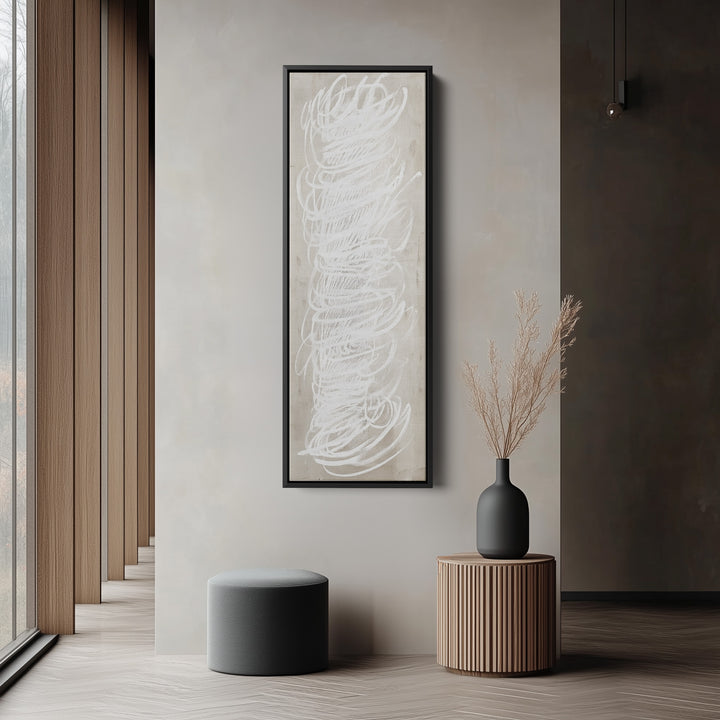 Abstract White Minimalist Long Vertical Framed Canvas Wall Decor - V0199