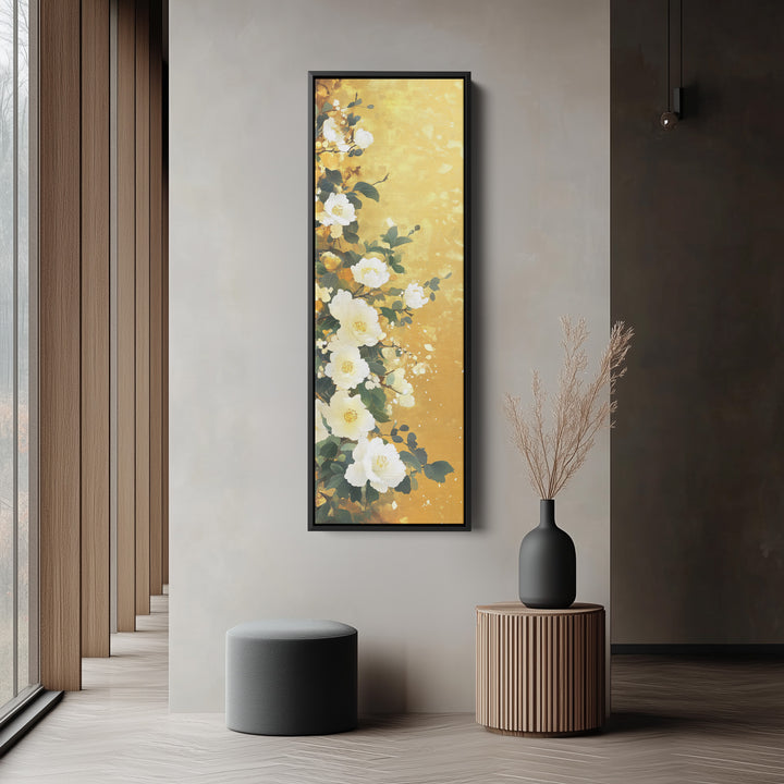 Vertical White & Gold Floral Long Framed Canvas Decor - V0204