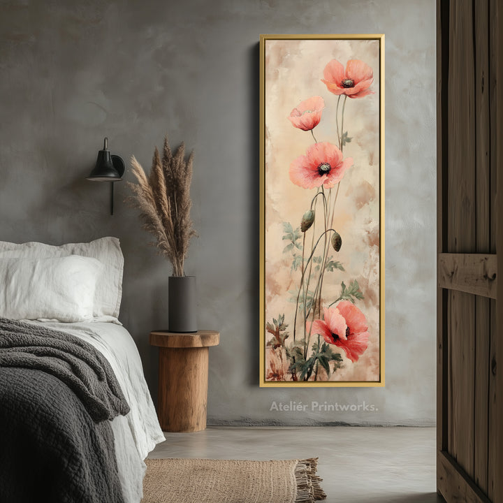 Vertical Long Wall Art Vintage Poppies Large Canvas Decor - V0077