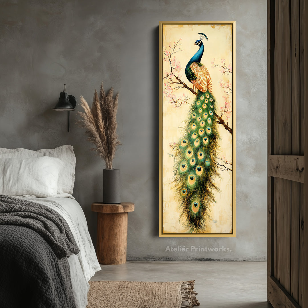 Large Canvas Peacock Framed Wall Art Long Vertical Wall Decor - V0083