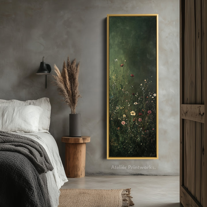 Vintage Wild Flowers Dark Green Vertical Wall Art - Tall Long Narrow Vertical Wall Decor - V0122