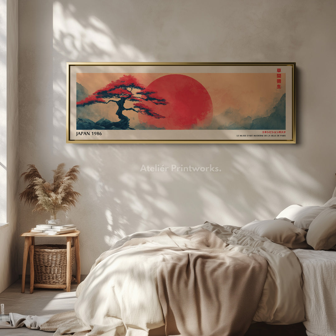 Red Sun and Bonsai – Long Narrow Japandi Wall Art Japanese Tree Landscape Canvas