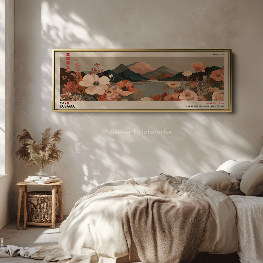 Yayoi Kusama Floral Landscape – Long Narrow Framed Canvas - Japanese Flower & Mountain Wall Art