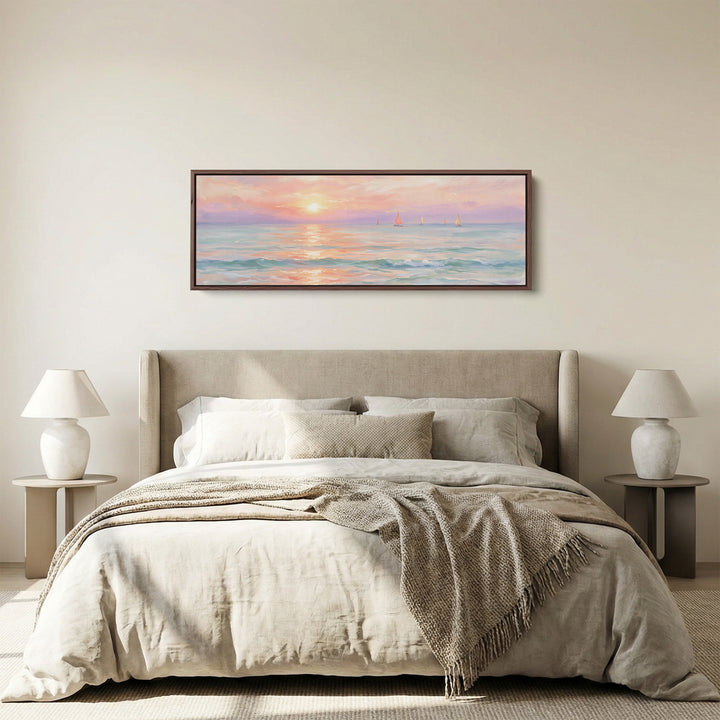 Pastel Sunset Sailboats Horizontal Wall Art Large Canvas Above Bed panoramic canvas in a walnut frame, above the bed