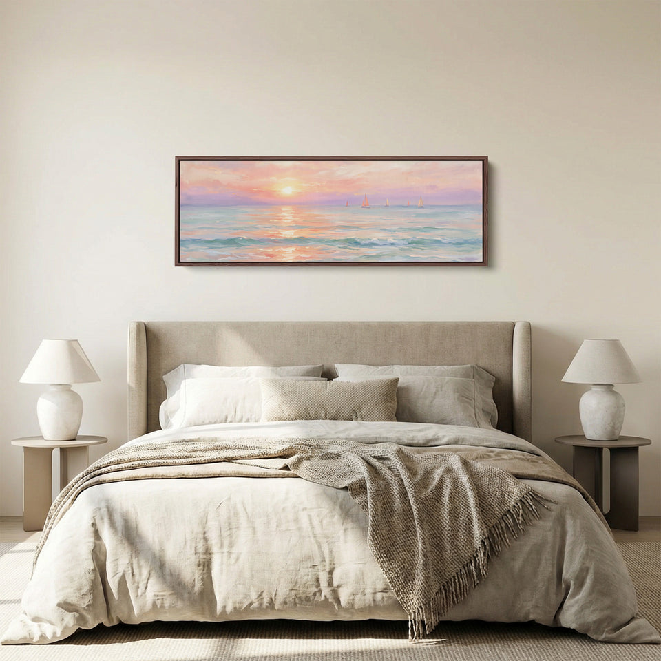 Pastel Sunset Sailboats Horizontal Wall Art Large Canvas Above Bed panoramic canvas in a walnut frame, above the bed
