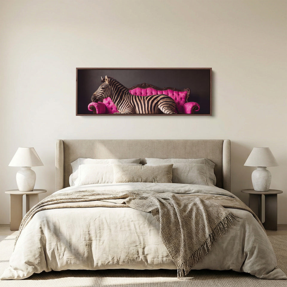 Bold and Playful Zebra on a Pink Velvet Sofa Long Wall Art for Living Room panoramic canvas in a walnut frame, above the bed
