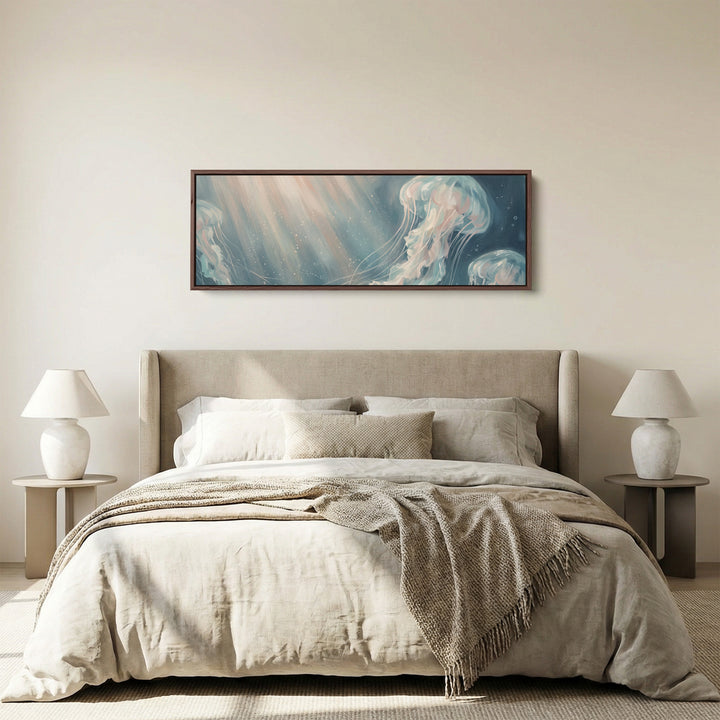 Drifting Jellyfish Long Narrow Wall Art Large Canvas for Living Room panoramic canvas in a walnut frame, above the bed