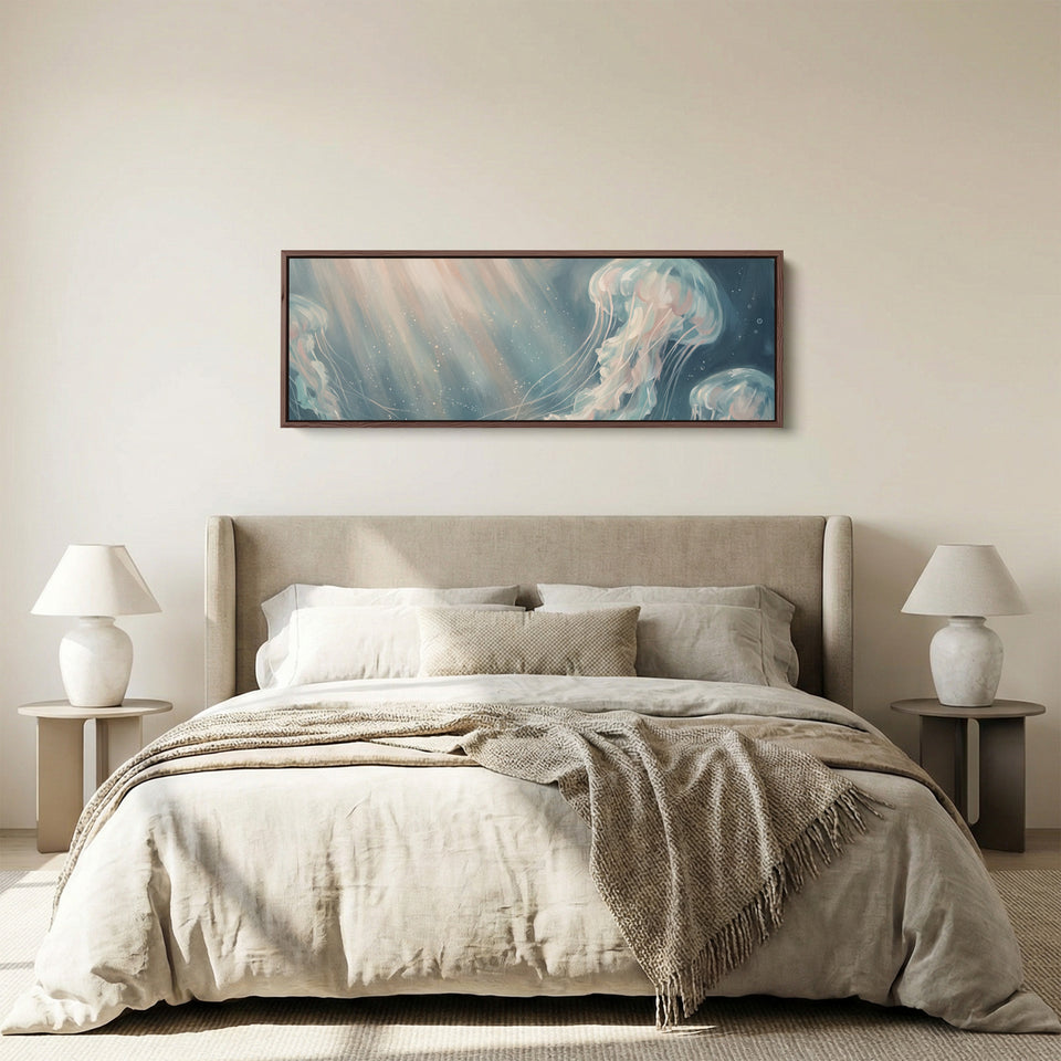 Drifting Jellyfish Long Narrow Wall Art Large Canvas for Living Room panoramic canvas in a walnut frame, above the bed