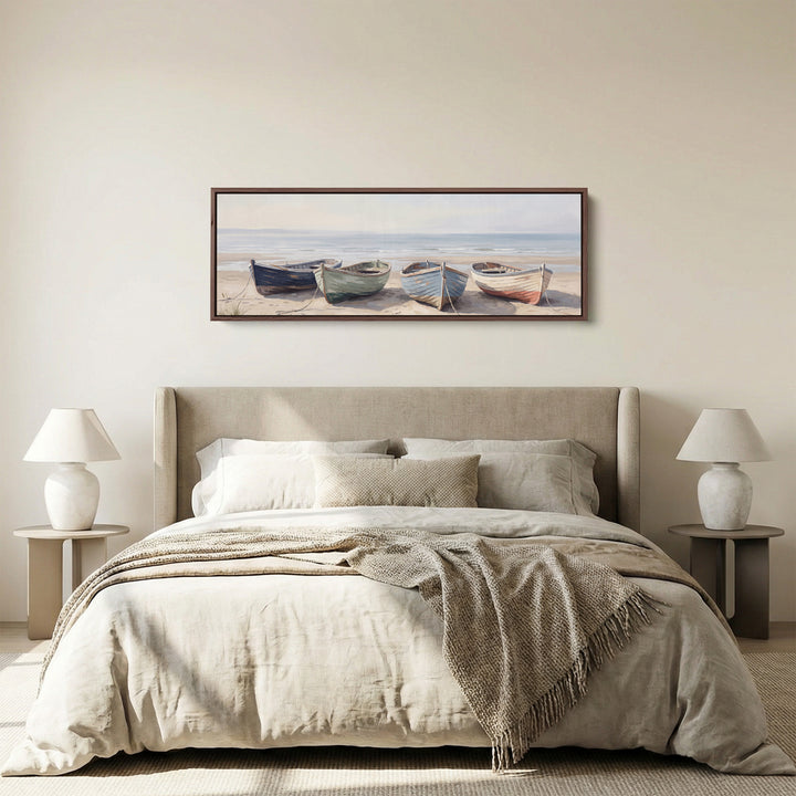 Quiet Coastal Mood Rowing Boats on the Beach Horizontal Wall Art for Hallway panoramic canvas in a walnut frame, above the bed