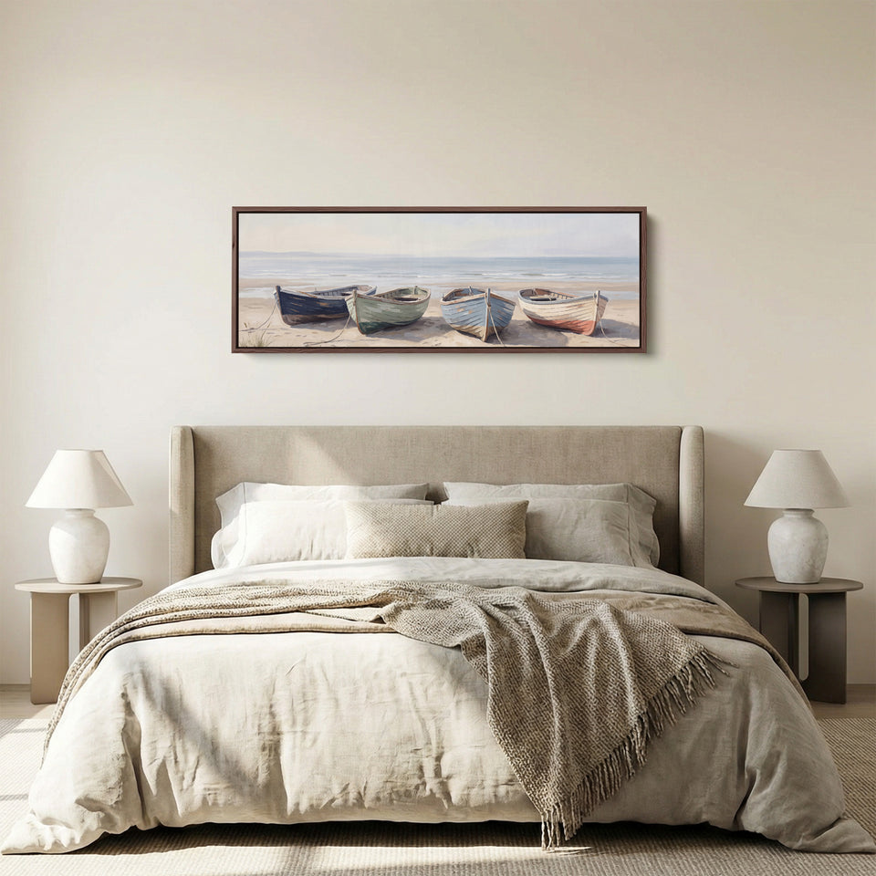 Quiet Coastal Mood Rowing Boats on the Beach Horizontal Wall Art for Hallway panoramic canvas in a walnut frame, above the bed