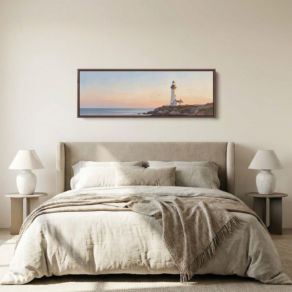 Lighthouse at Sunset Panoramic Wall Art for Above Couch panoramic canvas in a walnut frame, above the bed