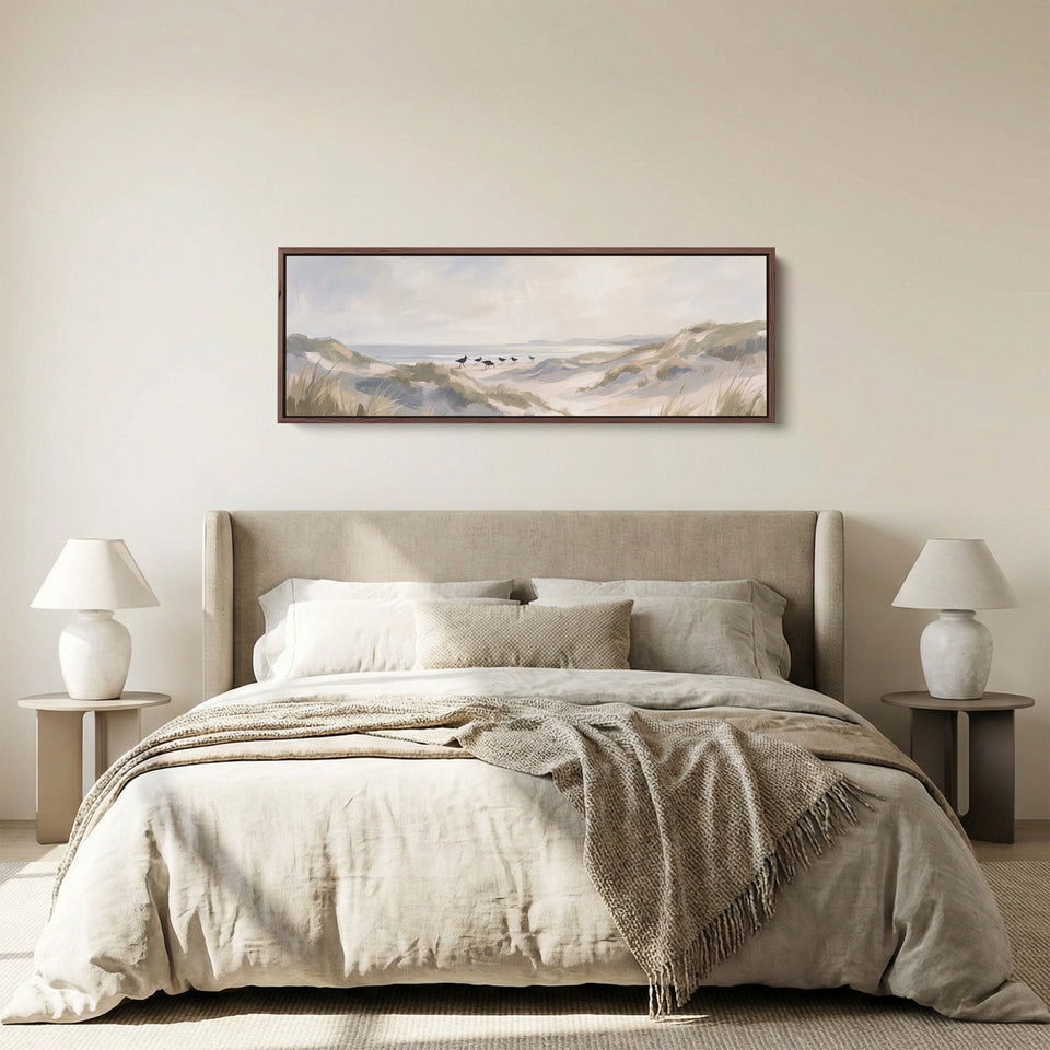 Soft Neutral Sand Dunes and Shorebirds Long Narrow Wall Art for Bedroom panoramic canvas in a walnut frame, above the bed