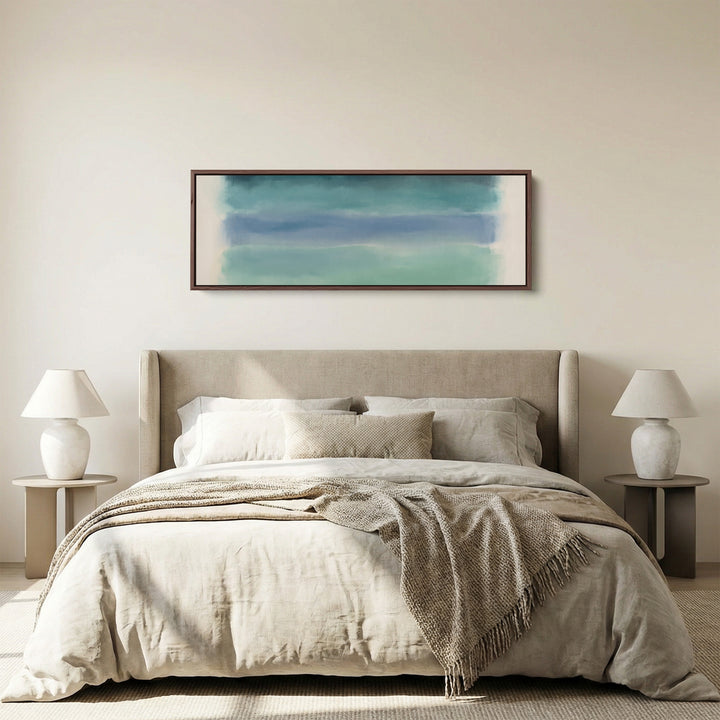 Horizontal Wall Art Teal Colour Field Abstract for Office panoramic canvas in a walnut frame, above the bed