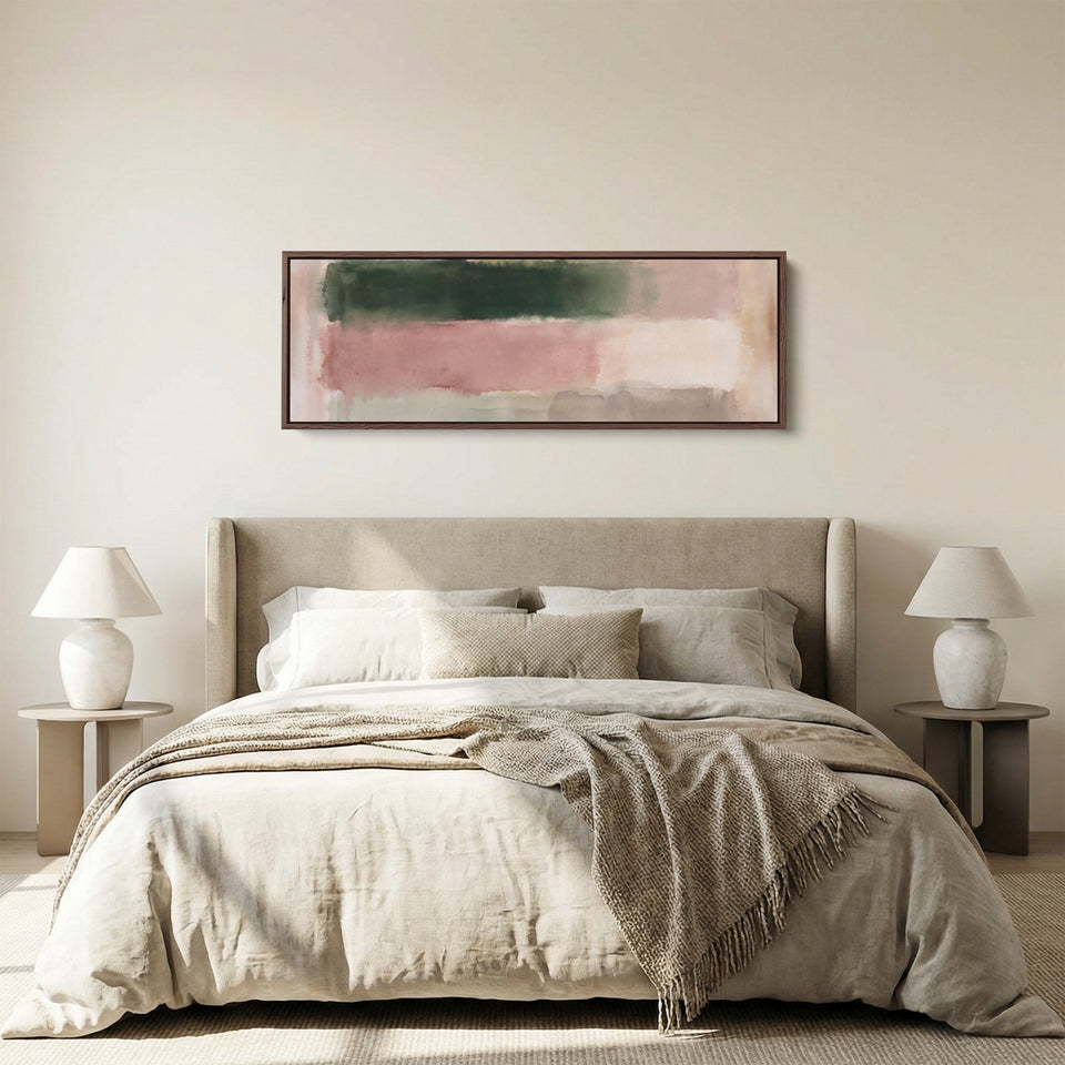 Blush Colour Block Abstract Long Wall Art for Bedroom panoramic canvas in a walnut frame, above the bed