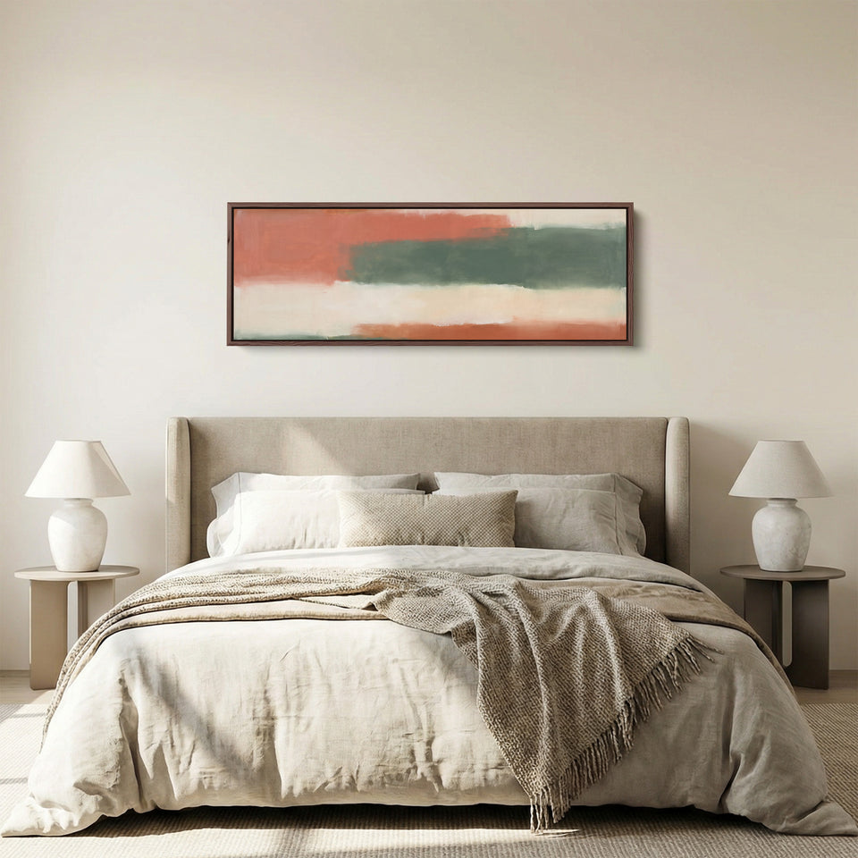 Warm Modern Colour Block Abstract Panoramic Wall Art for Living Room panoramic canvas in a walnut frame, above the bed