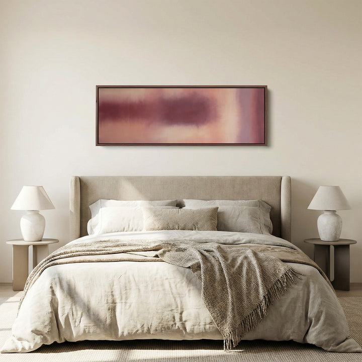 Long Narrow Wall Art Burgundy Colour Field Abstract for Dining Room panoramic canvas in a walnut frame, above the bed