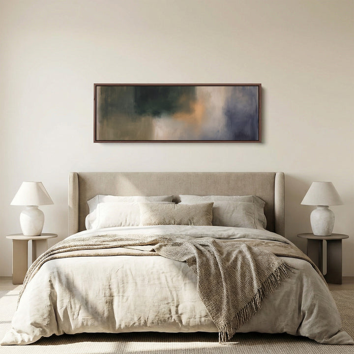Dark and Moody Abstract Long Wall Art Large Canvas for Living Room panoramic canvas in a walnut frame, above the bed