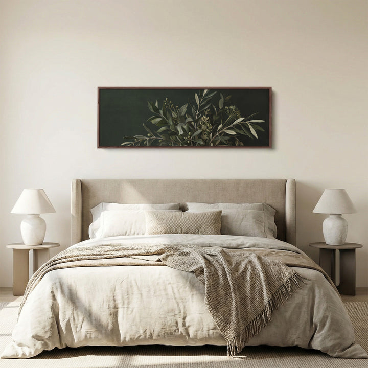 Panoramic Wall Art Olive Branches on a Dark Background for Kitchen panoramic canvas in a walnut frame, above the bed