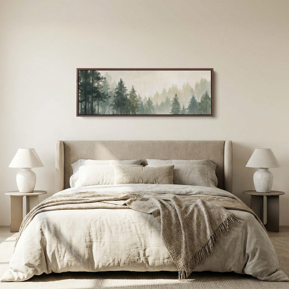 Misty Pine Forest Long Narrow Wall Art for Above Bed panoramic canvas in a walnut frame, above the bed