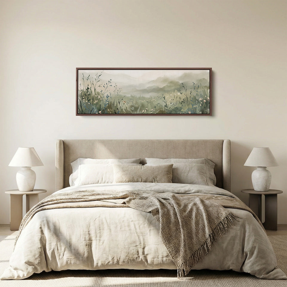 Soft and Dreamy Wildflower Meadow in the Mist Horizontal Wall Art for Living Room panoramic canvas in a walnut frame, above the bed