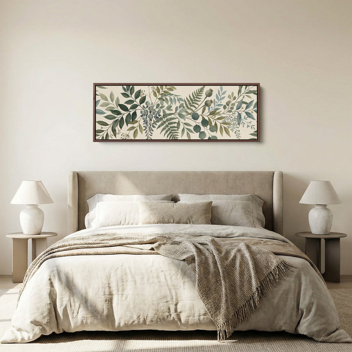 Dining Room Wall Art Long Horizontal Fern and Eucalyptus Botanical panoramic canvas in a walnut frame, above the bed