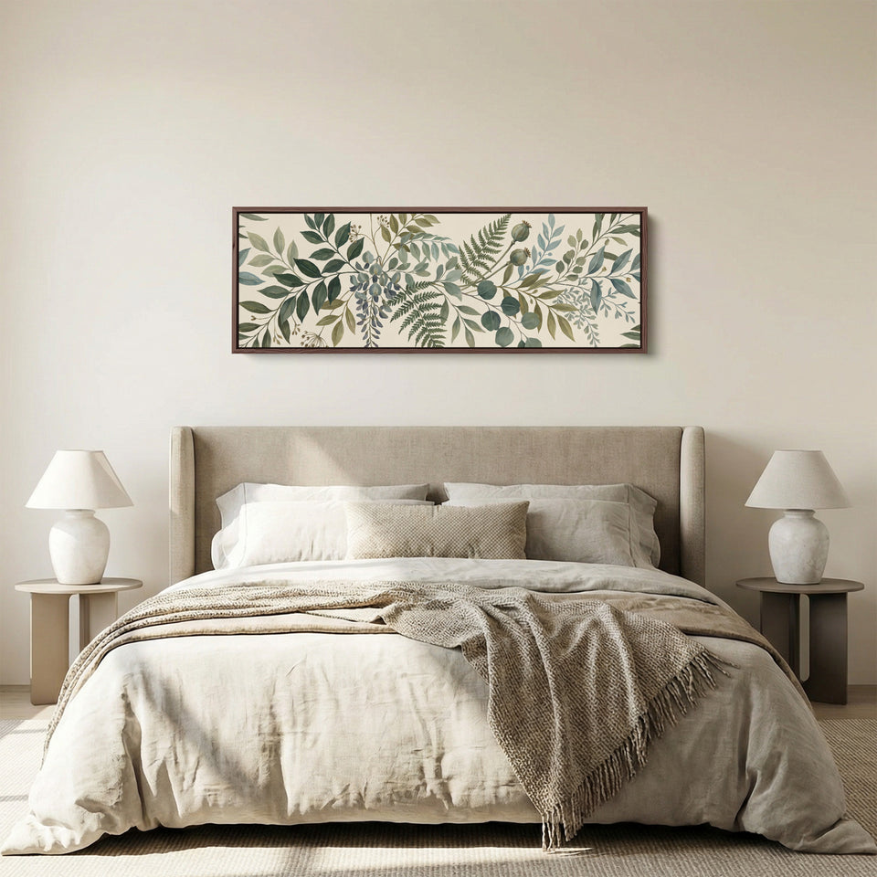 Dining Room Wall Art Long Horizontal Fern and Eucalyptus Botanical panoramic canvas in a walnut frame, above the bed