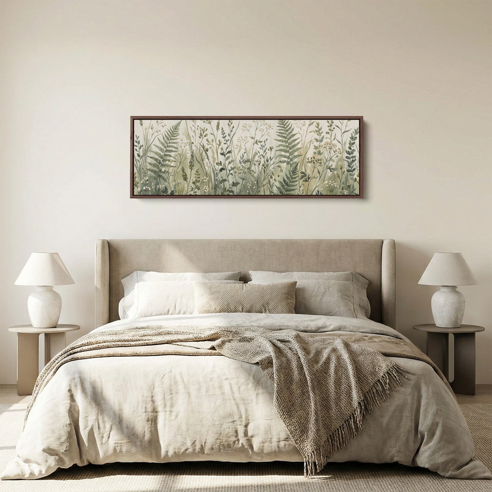 Long Wall Art Ferns and Wild Grasses Botanical Canvas for Hallway panoramic canvas in a walnut frame, above the bed