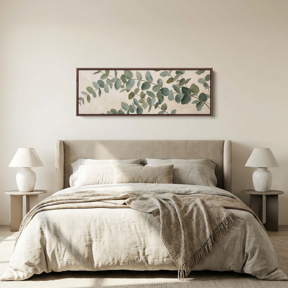 Eucalyptus Branches Panoramic Wall Art Large Canvas for Bedroom panoramic canvas in a walnut frame, above the bed