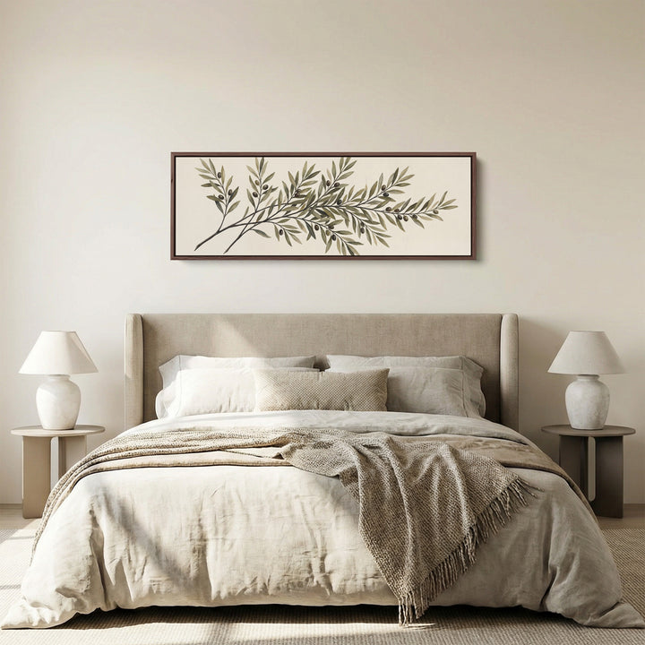 Simple Mediterranean Olive Branch Long Narrow Wall Art for Kitchen panoramic canvas in a walnut frame, above the bed