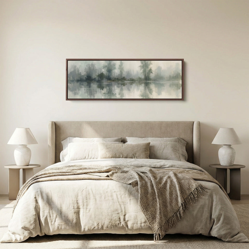 Above Couch Wall Art Long Misty Lake with Tree Reflections panoramic canvas in a walnut frame, above the bed
