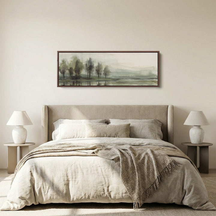 Horizontal Wall Art Watercolor Trees by a Still Lake for Living Room panoramic canvas in a walnut frame, above the bed