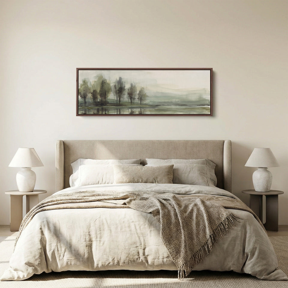 Horizontal Wall Art Watercolor Trees by a Still Lake for Living Room panoramic canvas in a walnut frame, above the bed