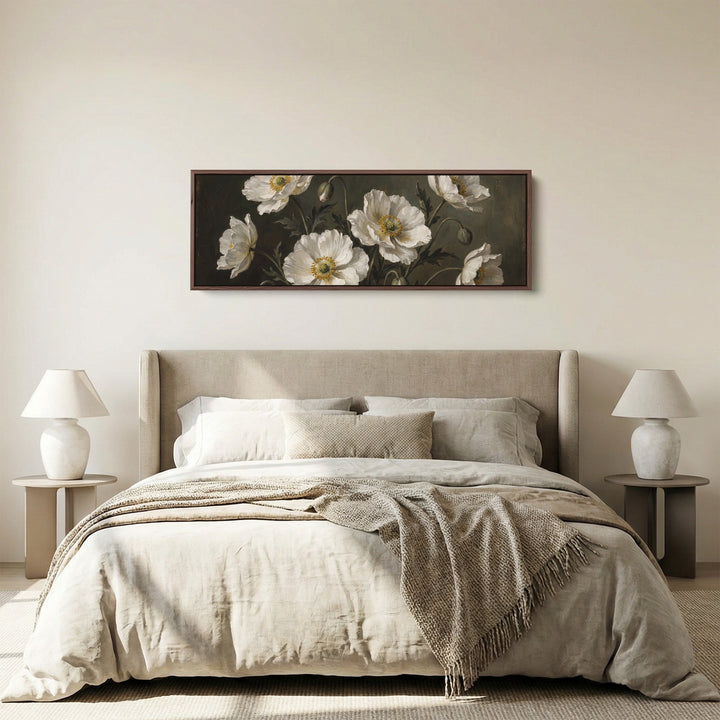 White Anemones on Dark Background Long Wall Art for Dining Room panoramic canvas in a walnut frame, above the bed
