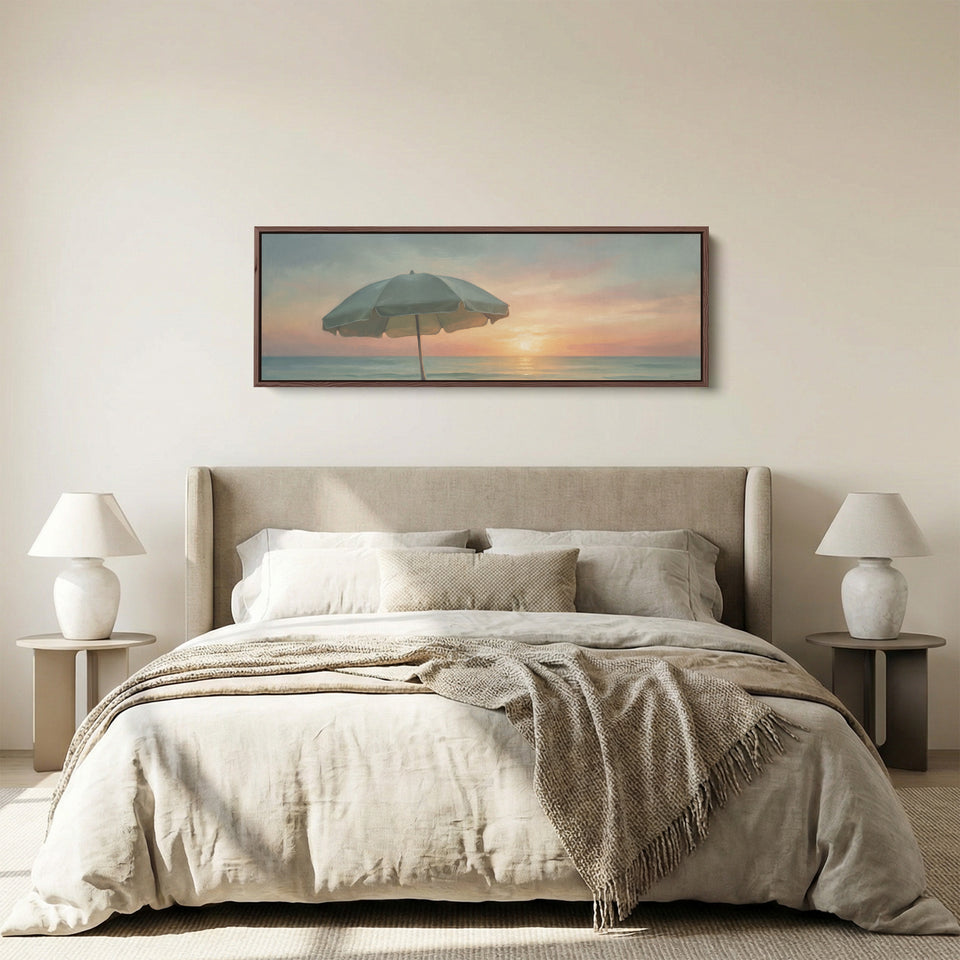 Calm Seaside Beach Umbrella at Sunset Panoramic Wall Art for Bedroom panoramic canvas in a walnut frame, above the bed