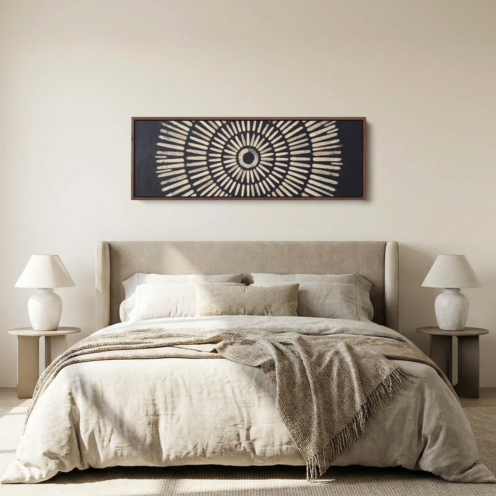 Living Room Wall Art Long Narrow Black Sunburst Geometric Canvas panoramic canvas in a walnut frame, above the bed