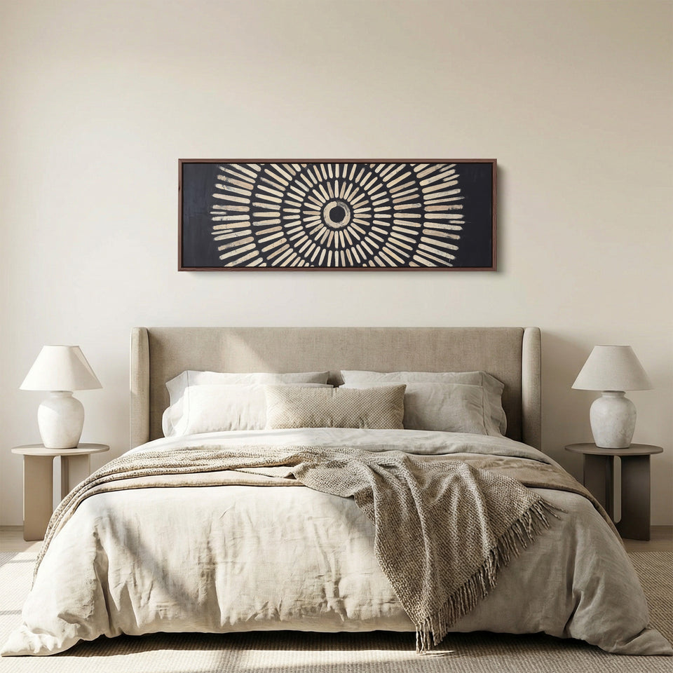 Living Room Wall Art Long Narrow Black Sunburst Geometric Canvas panoramic canvas in a walnut frame, above the bed