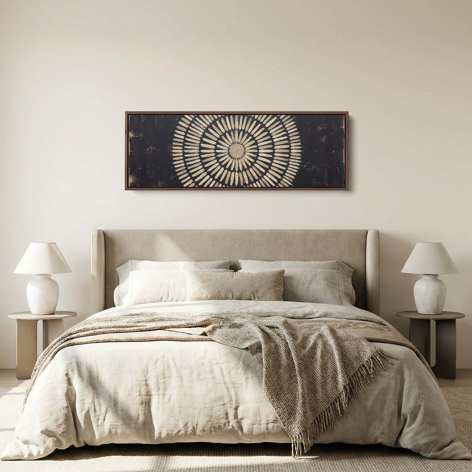 Long Narrow Wall Art Radial Mandala Pattern for Hallway panoramic canvas in a walnut frame, above the bed