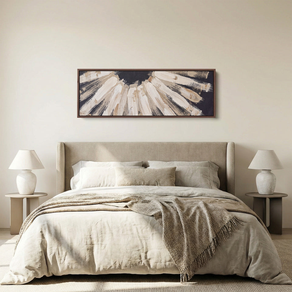 Bold Brushstroke Sunburst Horizontal Wall Art Large Canvas for Office panoramic canvas in a walnut frame, above the bed
