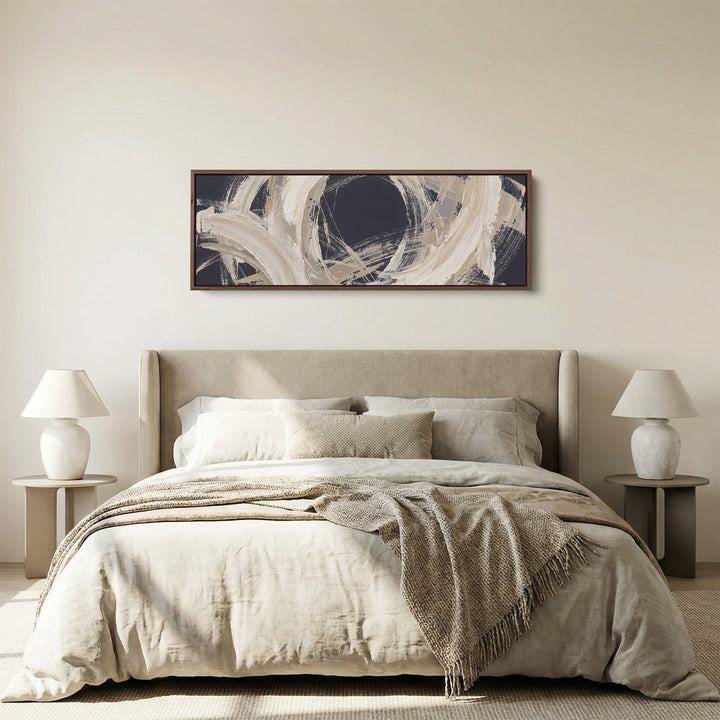 Modern Graphic Brushstroke Circle Abstract Long Wall Art for Living Room panoramic canvas in a walnut frame, above the bed