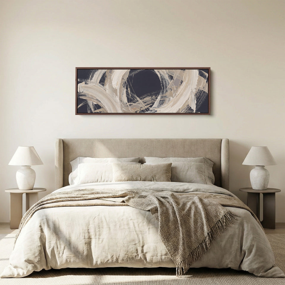 Modern Graphic Brushstroke Circle Abstract Long Wall Art for Living Room panoramic canvas in a walnut frame, above the bed